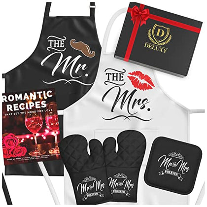 DELUXY Mr and Mrs Aprons - Gifts for Couple Unique 2023, Cool Wedding, Bridal Shower, Bride & Groom, Engagement , Mr & Mrs, His & hers, Anniversary