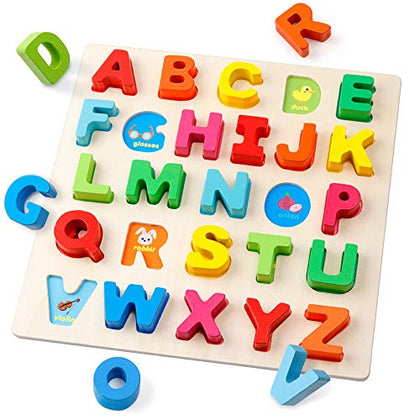 Coogam Wooden Alphabet Puzzle - ABC Letters Sorting Board Blocks Montessori Matching Game Jigsaw Educational Early Learning Toy Gift for Preschool Year Old Kids