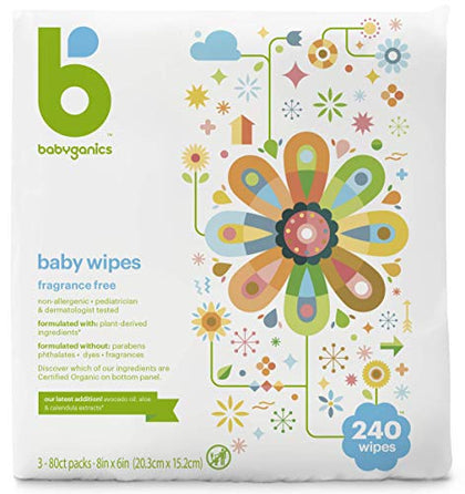 Babyganics Baby Wipes, Unscented Diaper Wipes, 240 Count, (3 Packs of 80), Non-Allergenic and formulated with Plant Derived Ingredients