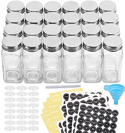 AOZITA 24 Pcs Glass Spice Jars with Labels - 4oz Empty Square Spice Bottles Containers, Condiment Pot - Shaker Lids and Airtight Metal Caps - Silicone Collapsible Funnel Included