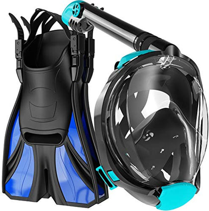 COZIA DESIGN Snorkeling Gear for Adults with Fins - Full Face Snorkel Mask and Swim Fins, 180° Panoramic View Snorkel Mask, Anti Fog and Anti Leak Adult Snorkel Set (Blue)