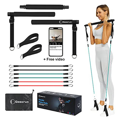 Goocrun Portable Pilates Bar Kit with Resistance Bands for Men and Women - 3 Set Exercise Bands (15, 20, 30 LB) - Home Gym, Workout Kit for Body Toning - with Fitness Poster and Video (Black)