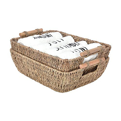 StorageWorks Hand-Woven Large Storage Baskets with Wooden Handles, Seagrass Wicker Baskets for Organizing, 2-Pack