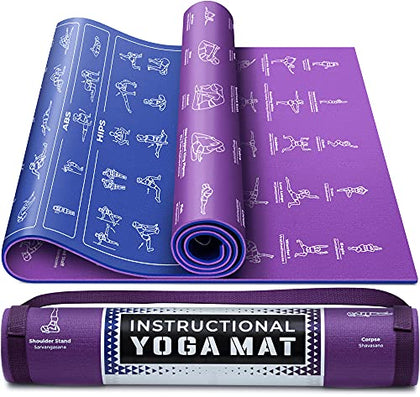 Instructional Yoga Mat with Poses Printed On It & Carrying Strap - 75 Illustrated Yoga Poses & 75 Stretches - Cute Yoga Mat For Women and Men - Non-Slip, 1/4