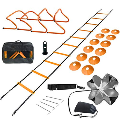 Speed Training Hurdles Set - Agility Footwork Training and Speed Hurdles Ladder, 4 Adjustable Training Hurdle, 20ft Agility Ladder Set with 12 Rungs, 1 Running Parachute and Footwork Drills Equipment