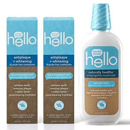 Hello Antiplaque and Whitening Fluoride Free Toothpaste and Naturally Healthy Antigingivitis Mouthwash, Alcohol Free, Vegan, SLS Free and Gluten Free, 4.7 Ounce Tubes, 16 Ounce Bottle
