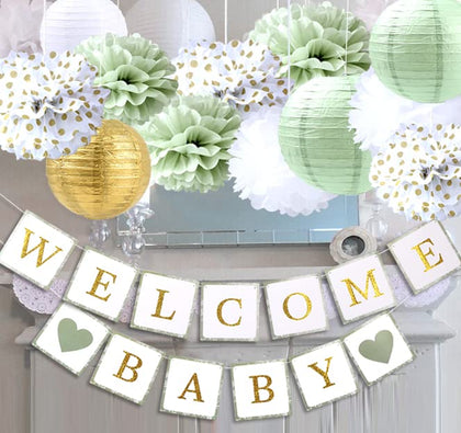 luckylibra Baby Shower Decorations,Welcome Baby Banners Paper Lantern Paper Flower Pom Poms?Sage Green Gold White?