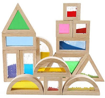 Large Wooden Building Blocks for Toddlers Baby Kids 16 Pcs Wood Rainbow Blocks Geometry Sensory Stacking Blocks Construction Toys Set Colorful Preschool Learning Educational Toys for Boys & Girls