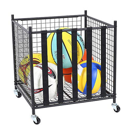 Snail Sports Ball Storage Rolling Cart Lockable Sports Ball Storage Rack with Elastic Straps, Stackable Ball Cage for Garage Storage Organizer, Compact Size But Functional, Matt Black