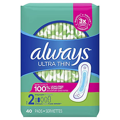 Always Ultra Thin, Feminine Pads For Women, Size 2 Long Super Absorbency, Without Wings, Unscented, 40 Count x 3 (120 Count Total)