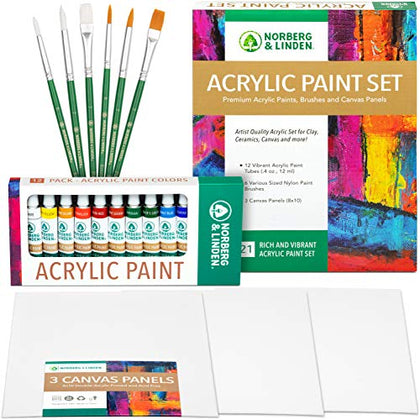 Norberg & Linden Acrylic Paint Set - Canvas and Acrylic Paint Sets for Adults, Teens, Kids - Includes 12 Vivid Colors, 3 Painting Canvas Panels & 6 Assorted Brushes