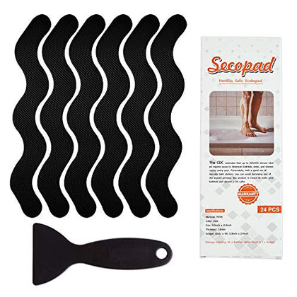 Secopad Patented Anti Slip Shower Stickers 24 PCS Safety Bathtub Strips Adhesive Decals with Premium Scraper for  Bath Tub Shower Stairs Ladders Boats (Black)