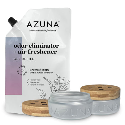 Azuna Air Freshener & Odor Eliminator Gel 2 Room Kit, Includes (2) 8 oz. Unfilled Luxe Glass Jars & 12 oz. Refill with Lavender & Tea Tree Essential Oil, Aromatherapy, Works 24/7 for 60-90 Days