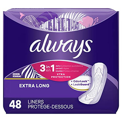 Always 3-In-1 Xtra Protection, Daily Liners For Women, Extra Long, With Leakguard + Rapid dry, Deodorizing, 48 Count x 3 Packs (144 Count total)