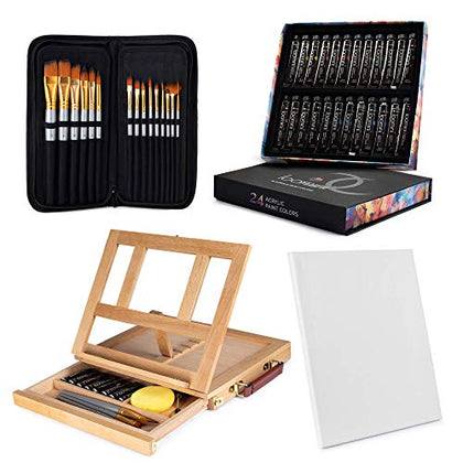Loomini Acrylic Paint Set for Adults & Kids, Includes Tabletop Easel, Canvas and Brushes. 24 Acrylic Paint Colors, 15 Brushes, 1 Easel, 1 Canvas | Painting Kit for AdultsBy