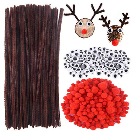 CHRORINE 830 Pcs Christmas Pipe Cleaners Craft Set, Christmas Craft Supplies, 150 Pcs Brown Pipe Cleaners Chenille, 360 Pcs Googly Eyes, 320 Pcs Red Pom Poms for Christmas Reindeer DIY Crafts