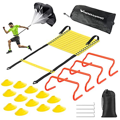 X-UMEUS Agility Ladder Speed Training Equipment Set - Includes 20ft Agility Ladder, Resistance Parachute, 4 Agility Hurdles, 12 Disc Cones for Training Football Soccer Basketball Athletes
