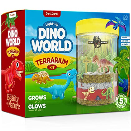 Dino World Terrarium Kit for Kids - LED Light in Lid - Dinosaur Toys for Boys & Girls Age 3, 4, 5, 6, 7, 8+ Year Old Boy and Girl Gifts - Dinosaur Garden + Toy Dinosaurs - STEM Science Gardening Kits