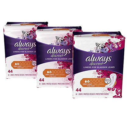 Always Discreet Adult Incontinence & Postpartum Liners For Women, Size 2, Very Light Absorbency, Long Length, 44 Count x 3 Packs (132 Count total)