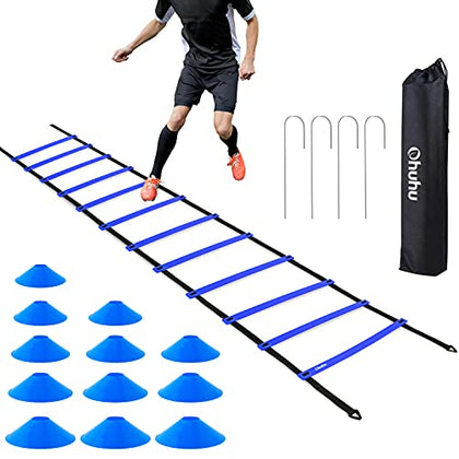 Ohuhu Agility Ladder Speed Training Set: 12 Rung 20ft Soccer Training Equipment with 12 Cones, 4 Steel Stakes, Instruction Manual & Carrying Bag for Soccer Football Exercise Sports Footwork Training