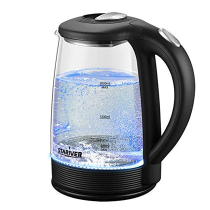 Stariver Electric Kettle, 2L Electric Tea Kettle, BPA-Free Glass Kettle with LED, Hot Water Kettle with Fast Boil, Auto Shut-Off & Boil-Dry Protection, Stainless Steel Inner Lid & Bottom, Black