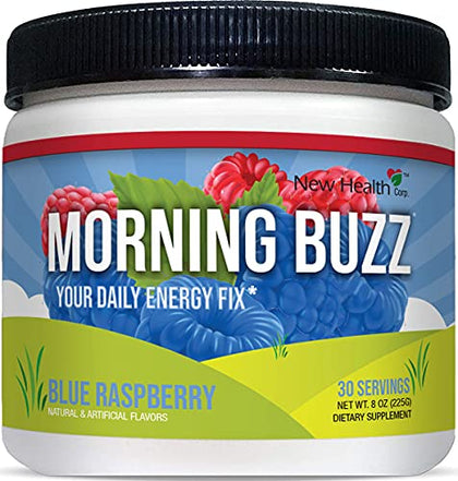 Morning Buzz Energy Powder Drink - Energy Boost Earlybird Drink - Sugar-Free Energy with Antioxidants - Morning Kick and Sports Nutrition Endurance Product - 30 Servings, Blue Raspberry, 8 Ounces