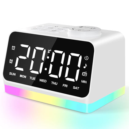 JALL Digital Alarm Clock with FM Radio for Bedroom, 8 Colors Night Light with 2 Charging Port, Sleep Sound Machines with Timer, Dual Alarm, Loud Alarm and Easy to Use for Seniors and Kids as Gift