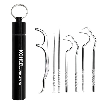 KOHEEL Toothpicks Pocket Set, Reusable Dental Floss Picks Kit, Stainless Steel Teeth Cleaning Tools, Tooth Picker, Oral Hygiene Kit with Holder for Picnic, Camping, Travel