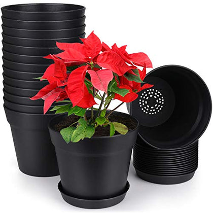homenote Pots for Plants, 15 Pack 6 inch Plastic Planters with Multiple Drainage Holes and Tray - Plant Pots for All Home Garden Flowers Succulents (Black)