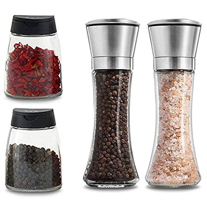 Salt and Pepper Grinder Set Combo - Two Free Spice Jars - Black Pepper,Herb Shakers Mill Refillable Manual - Stainless Steel - Adjustable Coarseness - Glass Material - Fits in Home,Kitchen,Barbecue