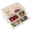 FEISCON Acrylic Jewelry Organizer Makeup Cosmetic Storage Organizer box Clear Jewelry Case with 3 Drawers Adjustable Jewelry Box Velvet Trays grid size