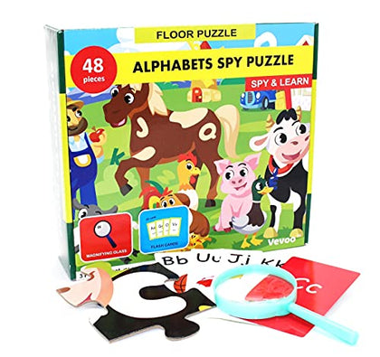 I Spy Alphabet Puzzle with Flashcards and Magnifying Glass 2ft x 3ft -Large 48 Piece Farm Animals Jigsaw Floor Puzzles for Kids Ages 3-5 - Preschool ABC Puzzle for Toddlers- Puzzle with Letters