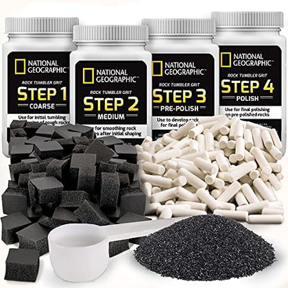 NATIONAL GEOGRAPHIC Rock Tumbler Media - The Ultimate Rock Polishing Supplies Kit, 4 Stage Bulk Grit, 1.5 Pounds of Ceramic Pellets, GemFoam Polishing Tumbling Media For 8 years and up