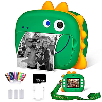 WQ Kids Camera Instant Print, 1080P Dinosaur Digital Print for with Dual Lens,Selfie Video Phone Connected,Zero Ink Ideal Gift Boys Girls 3-12