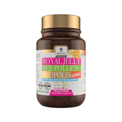 BEE and You Royal Jelly + Propolis + Bee Pollen Chewable Tablets - High Potency - No Artificial Flavor/Preservatives - No Added Sugar- No Soy/Milk/Gelatin/GMO/Gluten, 500 mg x 60 Tablets