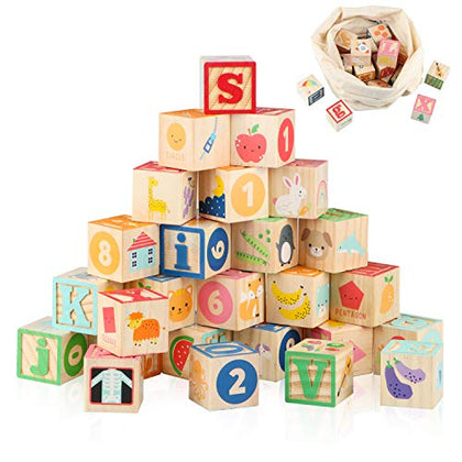 Joqutoys ABC Wooden Building Blocks for Toddlers 1-3 Large, 26 PCS Alphabet & Number Stacking Blocks, Educational Learning Toys for Boys Girls Kids Gifts 1.65''