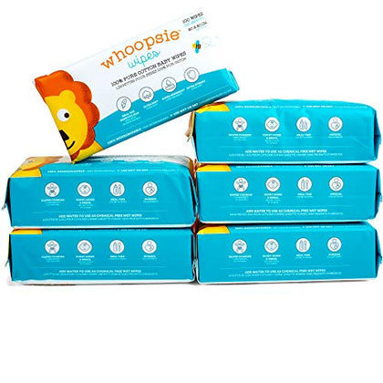 Whoopsie Wipes | Ultra-Soft - 100% Pure Cotton Dry Baby Wipes | Use Wet or Dry | Soft & Sensitive | Hypoallergenic | Extra Strong & Absorbent | Perfect for Diaper Changes, Runny Noses, Drool, Meal Time & Nursing (6-Pack)