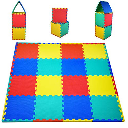 KC Cubs Soft & Safe Non-Toxic Childrens Interlocking Multicolor Exercise Puzzle EVA Play Foam Mat for Kids Floor & Nursery Room, 16 Tiles, 4 Colors, 11.5 x 11.5, 24 Borders (EVA001)