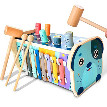 KIDWILL Wooden Hammering Pounding Toy for 12+ Months Kids, Montessori Toys for 1+ Year Old Babies, Early Development Toy with Pounding Bench, Xylophone, Number Sorting Maze, Gifts for Toddlers Age 1-2