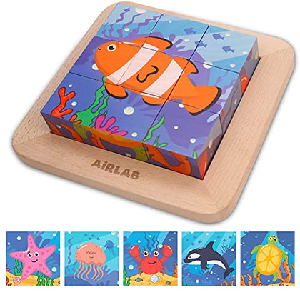 Wooden Block Puzzles Toddlers Kids Toys Montessori Learning Games Educational Interactive Toys for 3 4 5 Preschool with Storage Tray - 6 Puzzles in 1