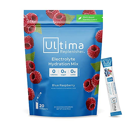 Ultima Replenisher Hydration Electrolyte Packets- 20 Count- Keto & Sugar Free- On the Go Convenience- Feel Replenished, Revitalized- Non-GMO & Vegan Electrolyte Drink Mix- Blue Raspberry