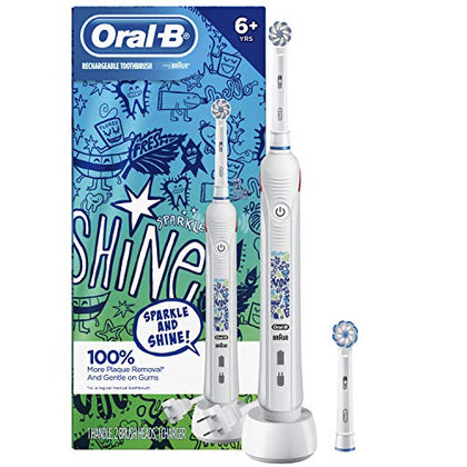 Oral-B Kids Electric Toothbrush with Coaching Pressure Sensor and Timer, Rechargeable Toothbrush with (2) Brush Heads, Sparkle & Shine