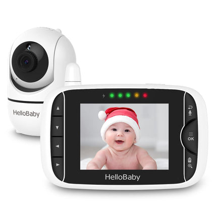 HelloBaby Video Baby Monitor with Remote Camera Pan-Tilt-Zoom, 3.2'' Color LCD Screen, Infrared Night Vision, Temperature Display, Lullaby, Two Way Audio