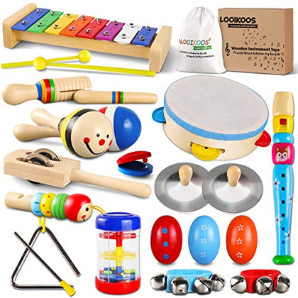 LOOIKOOS Toddler Musical Instruments Set Wooden Percussion Instruments Toy for Kids Baby Preschool Educational Musical Toys for Boys and Girls with Storage Bag