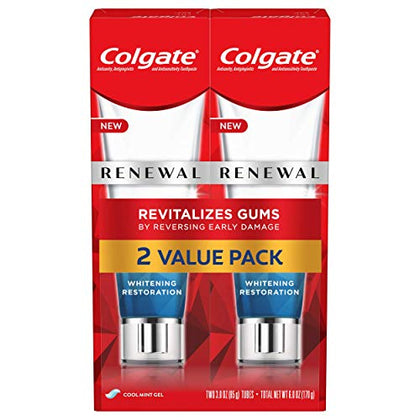Colgate Renewal Gum Protection Whitening Toothpaste Gel, Mint Gel Toothpaste for Gingivitis and Teeth Whitening Restoration, Sugar Free, Enamel Safe, Gluten Free, Vegan, 2 Pack, 3 OZ Tubes