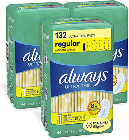 Always Ultra Thin, Feminine Pads For Women, Size 1 Regular Absorbency, Without Wings, Unscented, 44 Count x 3 (132 Count Total)
