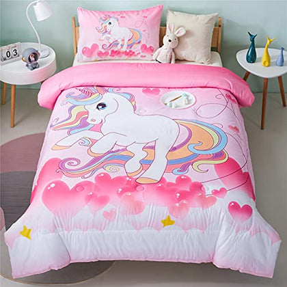 PHANTASIM Unicorn Bedding Set Twin for Girls Pink Rainbow Unicorn Comforter Set 3 Pieces Soft Brushed Microfiber Kids Unicorn Bedding Comforter Set for Girls Boys with 2 Pillowcase All-Season