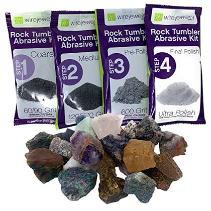 WireJewelry Asia Rock Tumbler Refill Kit - 1.5 Lbs. of Asia Stone Mix and 1 Batch of 4 Step Abrasive Grit and Polish