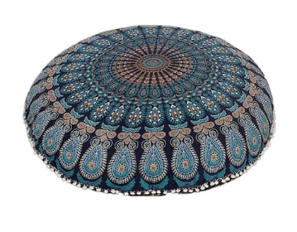 My Dream Carts 32 Inch Floor Pillow Cushion (Cover Only) Meditation Seating Ottoman Throw Cushion Cases Mandala Hippie Decorative Round Bohemian Outdoor Pouf White Pom Pom Indian Large