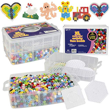 2,000 Piece XL Giant Biggie Fuse Bead Kit- 3 XL Pegboards, 13 Multi Colors, 6 Unique Templates,Melt Ironing Paper & Case-Bulk Art Craft Project, Kids Birthday Party Craft, Classroom